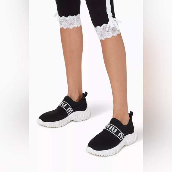 MIU MIU $950 Calzature Donna Black Platform Logo Band Knit Sneakers Size 7.5/8